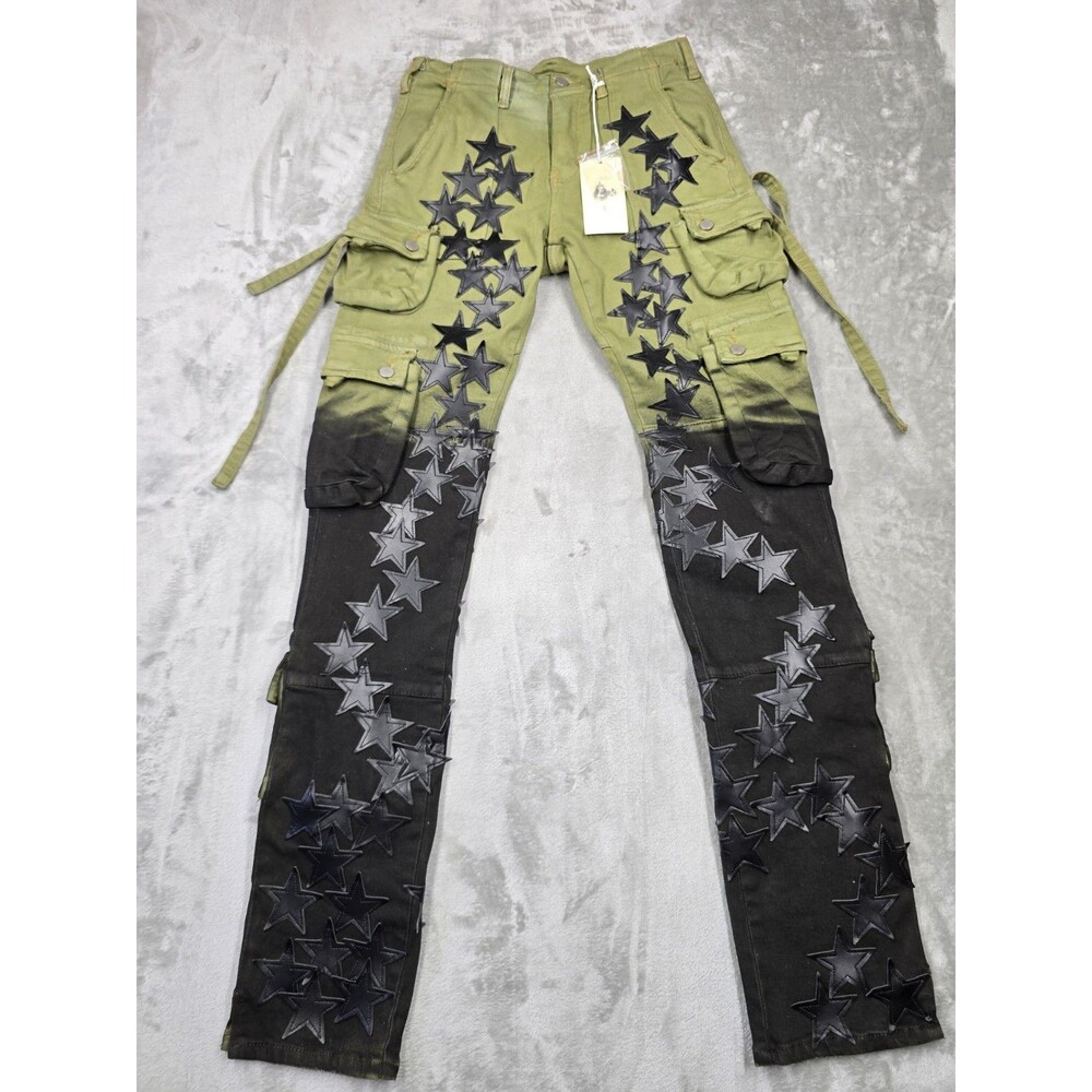 ​MNML Star Cargo Pants Size 28 Green Black Gradient Two Tone Leather Stars Y2K